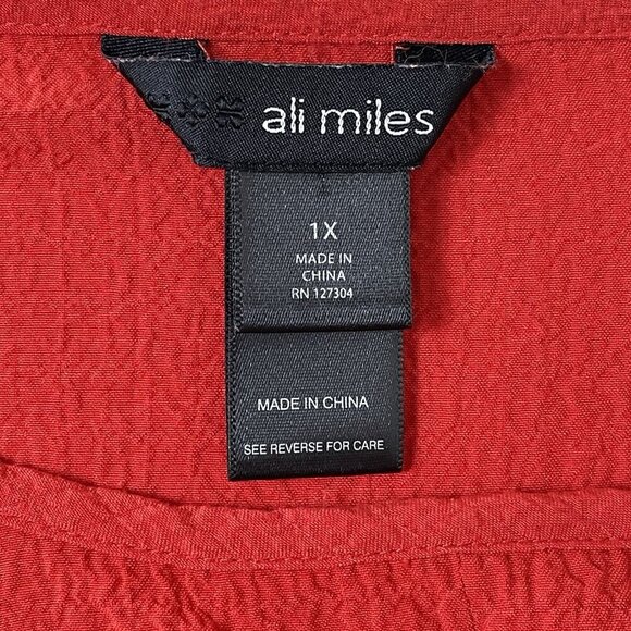Ali Miles Tunic Top Women 1X Asymmetrical Artsy Crinkle Textured Long Sleeve Red - Picture 12 of 16